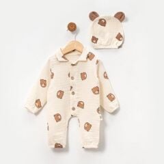 Ayıcık Desenli Şapkalı Müslin Tulum