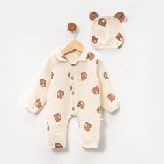 Ayıcık Desenli Şapkalı Müslin Tulum