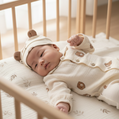 Ayıcık Desenli Şapkalı Müslin Tulum